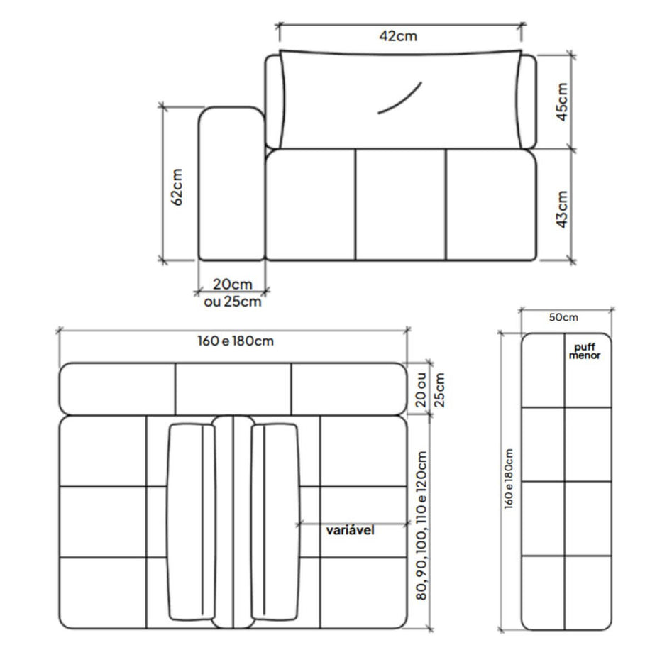 Sofá Ilha de Santorini 3 Módulos P160 cm Com Braço
