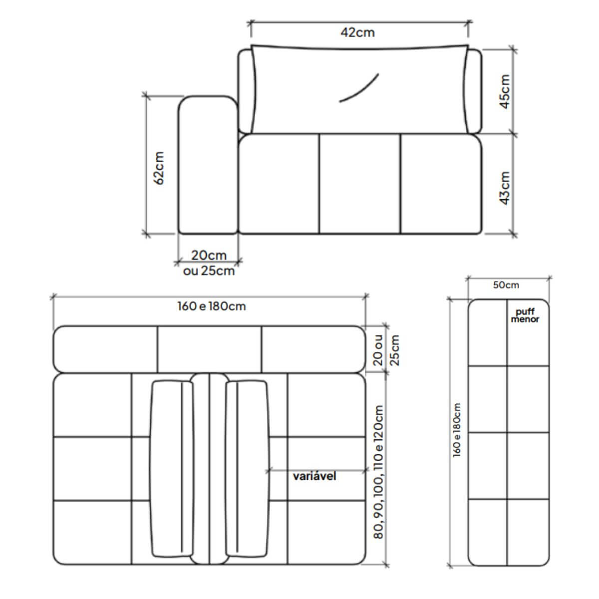 Sofá Ilha de Santorini 4 Módulos P180 cm Com Braço